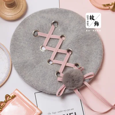 

Princess sweet lolita Hat Grey Pink Color Japanese hand bow hair ball temperament to essential Beret GSH102