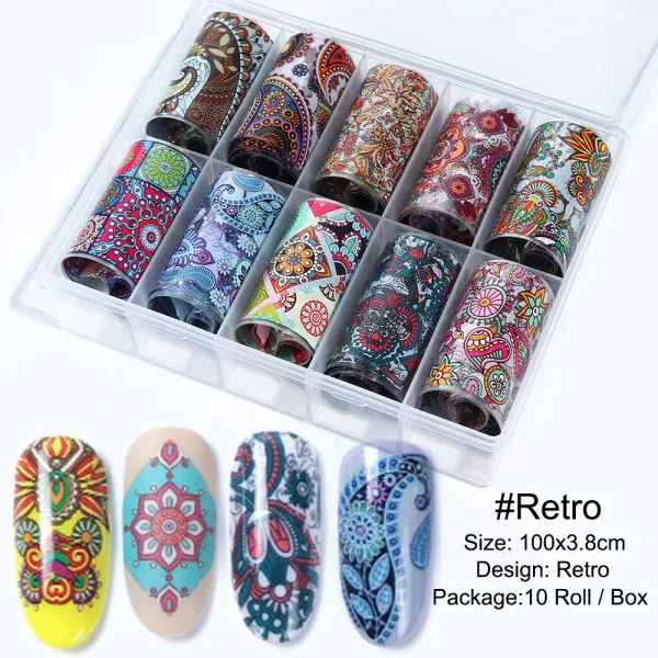 Retro 10 рулонов/набор 3,5*100 см звездное небо наклейки на ногти из фольги голографический Маникюр Клей передачи советы красота наклейка с цветком для ногтей LA1027 - Цвет: Retro