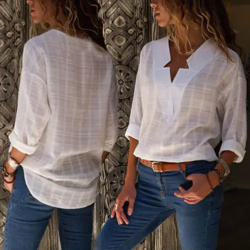 Fashion Womens Star V-Neck Blouse Tops 2018 New Casual Ladies Long Sleeve Loose Solid Color Shirt S-XL | Женская одежда