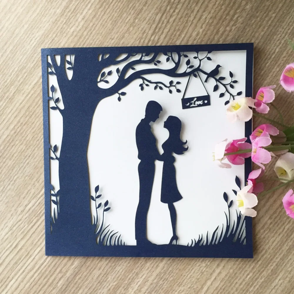 

30pcs Laser Cut Pearl Paper Craft Romantic Country Style Tree with lover pattern Wedding Party Invitaiton Card Bridal Shower
