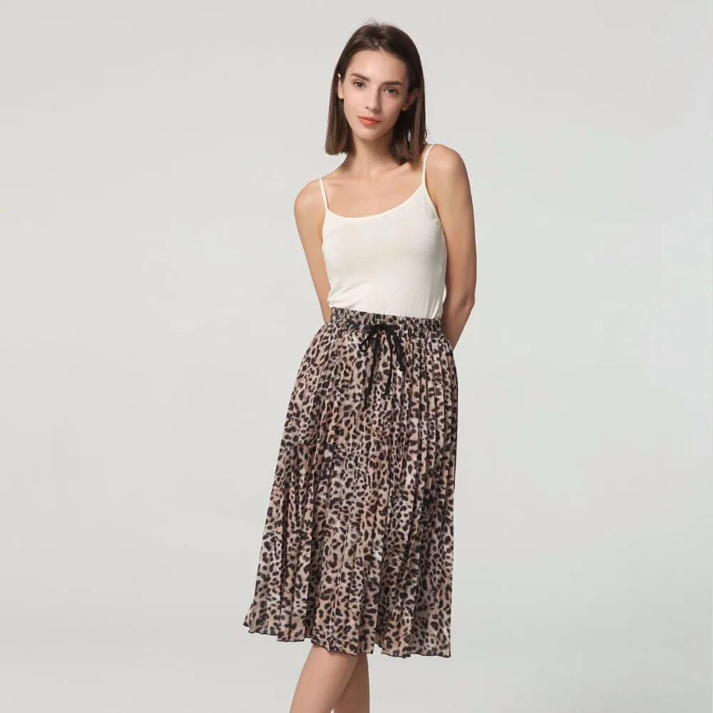Luzuzi women stylish leopard print pleated skirt snake faldas mujer Drawstring tie elastic waist casual mid calf skirts CE3068 | Женская