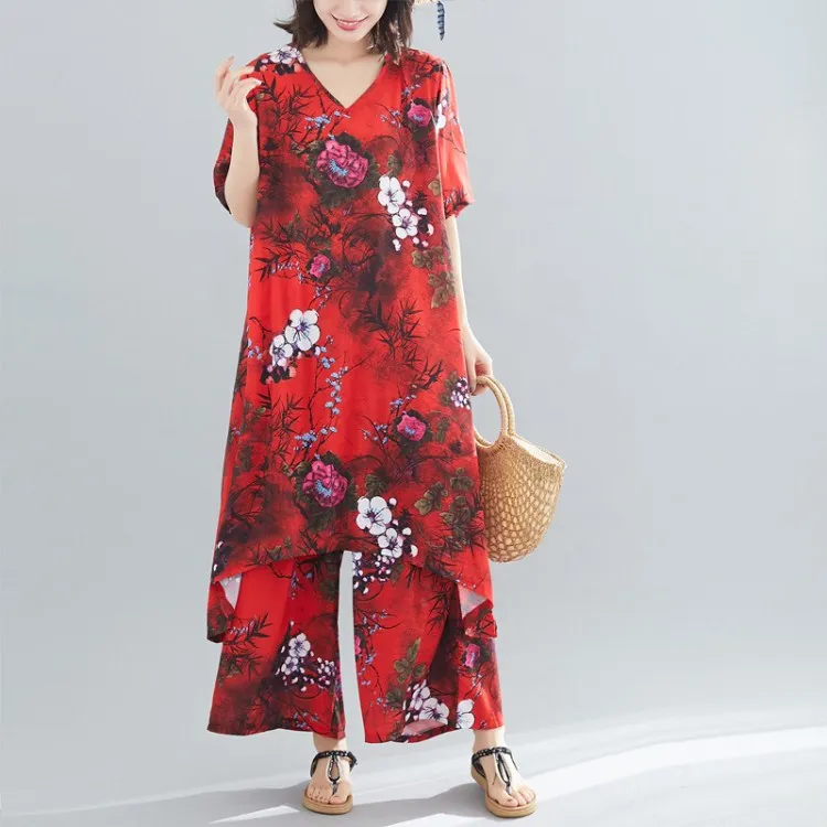 Женские свободные комплекты с цветочным принтом топы короткими рукавами длинные