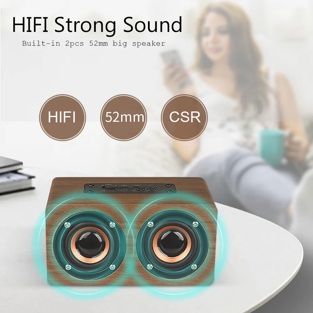 HOT Wooden Bluetooth Speaker Alarm Clock Wireless Portable HiFi Shock Bass Altavoz TF Soundbar MP3 Speaker FM Radio Microphone