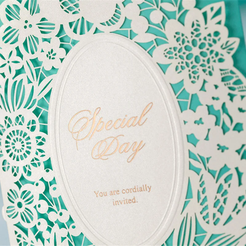 OLOEY Wedding Invitations Card 1pcs Blue Flower Laser Cut Hollow Personal Customized Printing Envelope Party Decoration | Дом и сад