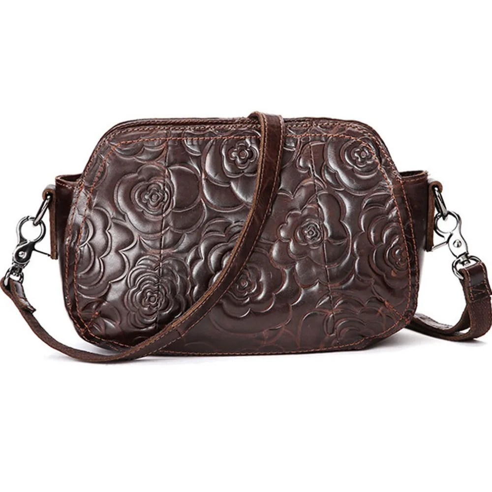 

Ladies Vintage Genuine Leather Cowhide Messenger Shoulder Pack Cross Body Luxury Women Floral Pattern Print Bag New