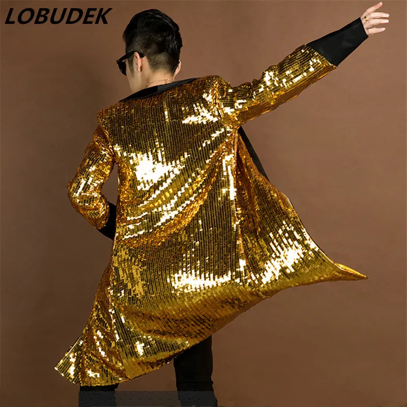 

Мужской Длинный блейзер зеленого и золотого цвета, куртка, пальто, верхняя одежда для мужчин, певец, танцор, выступление, платье с блестками, ...