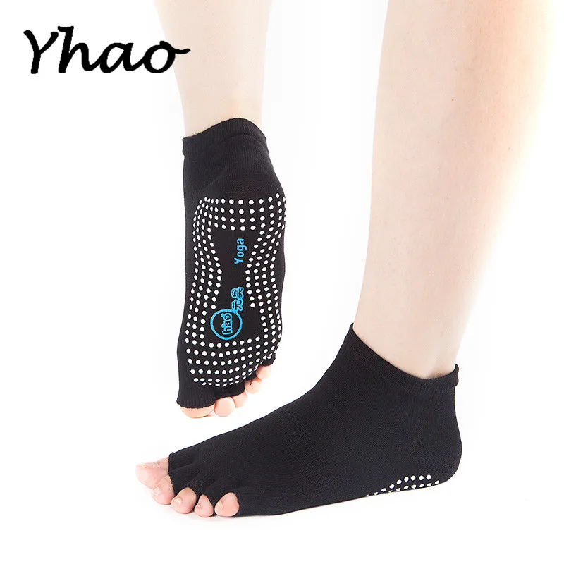 Half Toes Black Yhao/женские хлопковые носки для йоги, с пятью носками, без спинки, Нескользящие, быстросохнущие, для пилатеса, фитнеса, балета, женские спортивные носки - Цвет: Half Toes Black