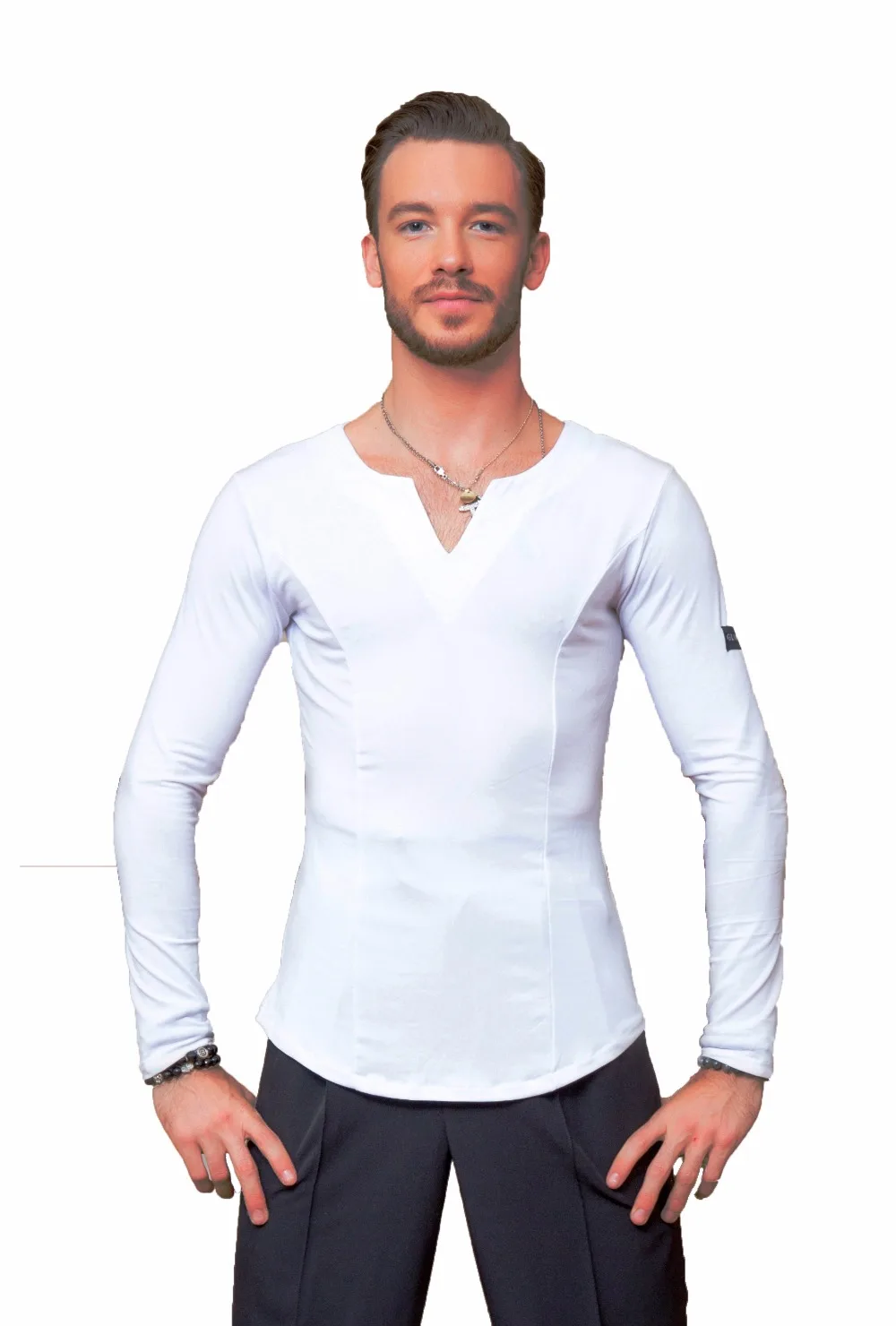 

SuperStar Series:G5008 latin modern ballroom dance professional elastic crystal cotton tops shirt for men
