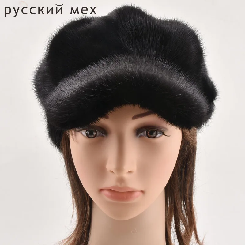 New Women Mink Fur Hat Genuine Winter Whole Skin Fur Hats Casual Fur Caps Female Russian Beanies  Casual Caps