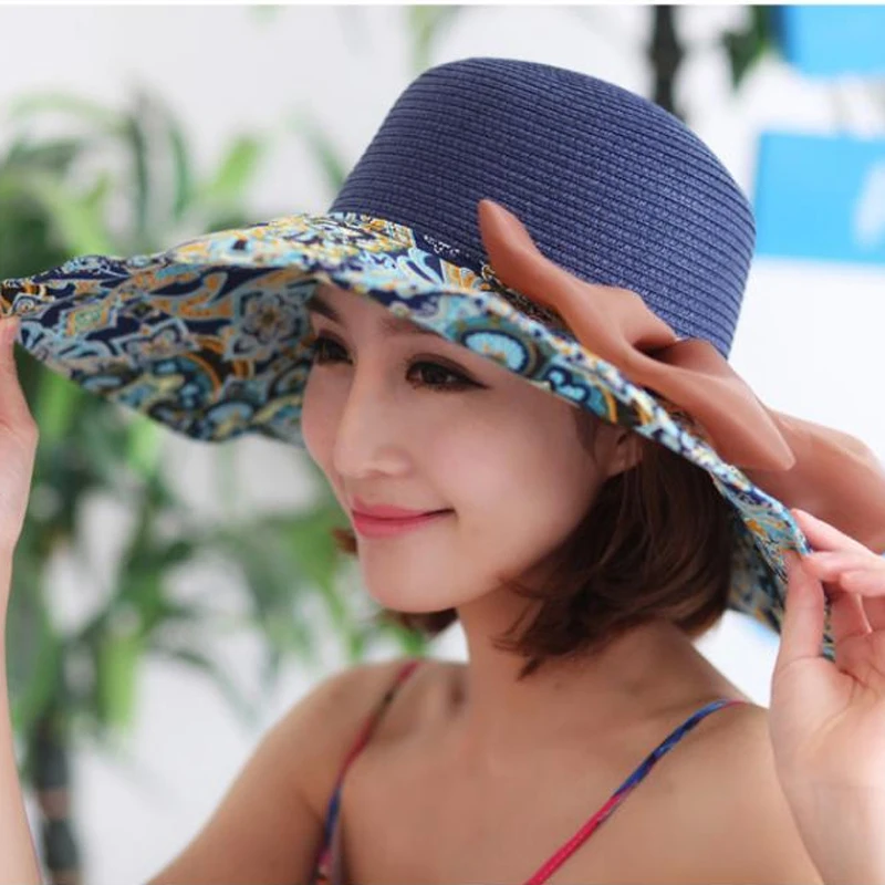 

Elegant Style Design Flower Fold Brimmed Sun Hat Summer Large Brim Hollow Straw Hats for Women UV Protection Big Bow Beach Hat