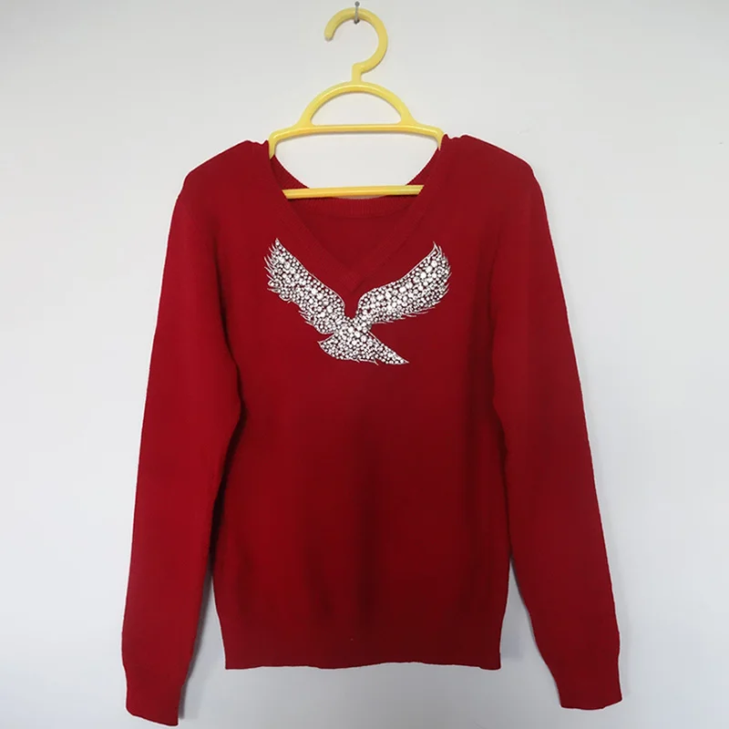 Бургундия S-XL,, весенние новые модные женские свитера, полный рукав, v-образный вырез, бисер, Орел, алмаз, пуловеры, компьютерная вязка, для торжеств - Цвет: Бургундия