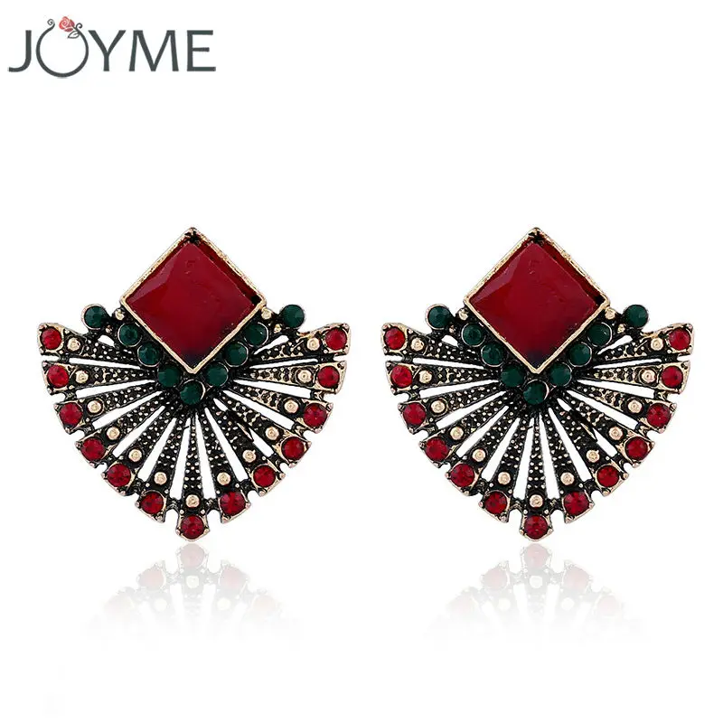 Женские винтажные серьги-гвоздики в форме веера красные и зеленые серьги с