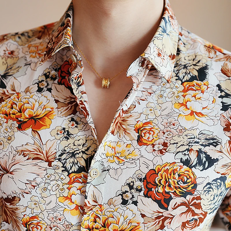 

Men's Hawaiian Shirts Retro Floral Printed Casual Slim Long Sleeve Shirt Fashion Classic Dress Formal Shirt Camisa Masculina