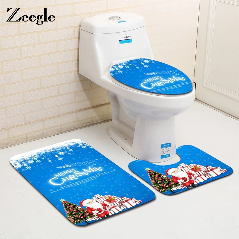 

Zeegle Christmas Decora 3pcs Toilet Rug Bathroom Mat Set Anti-skid Bathroom Floor Mats Absorbent Lid Toilet Cover Bath Mats