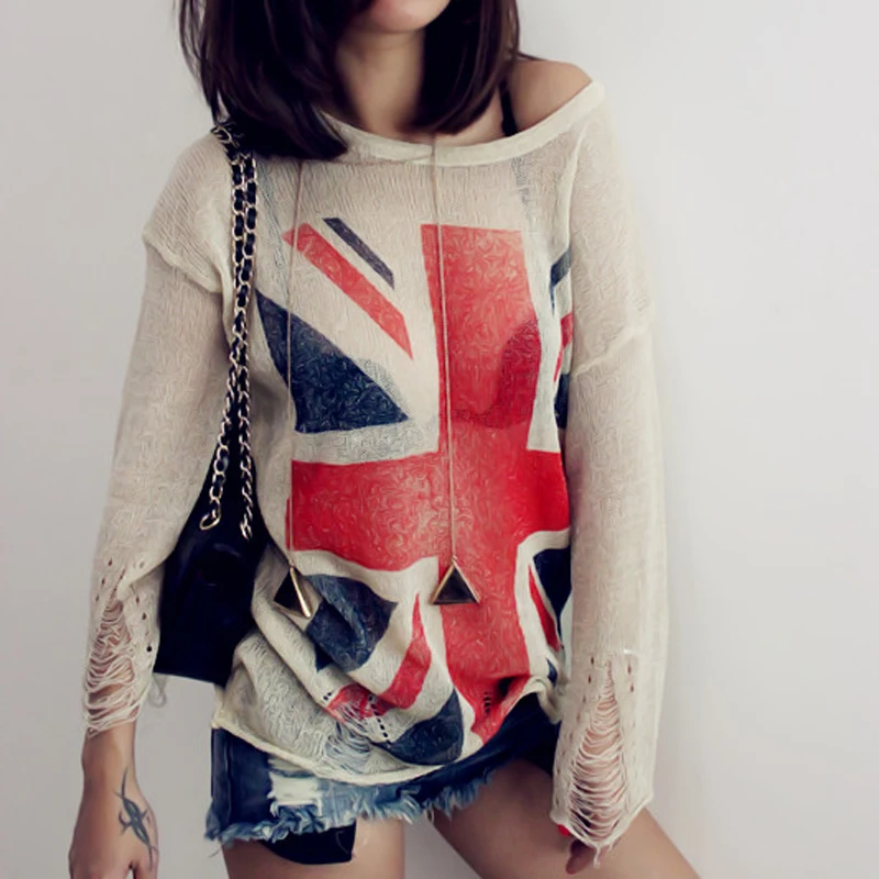 Crochet Hollow Out Long Sleeve Knit pullover Union Jack flag hole sweater | Женская одежда