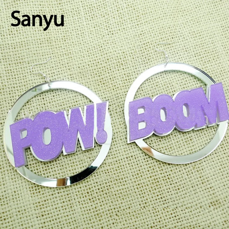 Exaggerated Cool Pow Boom Letter Acrylic Drop Earrings Night Club Party Dangle for Women Big Circle Hollow Out | Украшения и