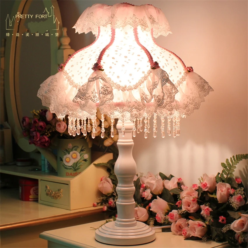 European Korean Pink Princess Table Lamps Lace Fabric Shade Bedroom Bedside Lamp Wedding Lights Home Study Deco Fixtures | Освещение