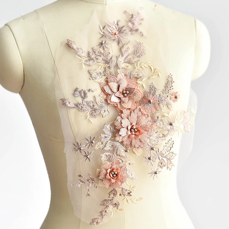 

1piece 3D Flower Embroidery Lace Trim Applique Pearl Beaded Tulle DIY Sewing Bridal Wedding Dress Patch Decoration Accessories