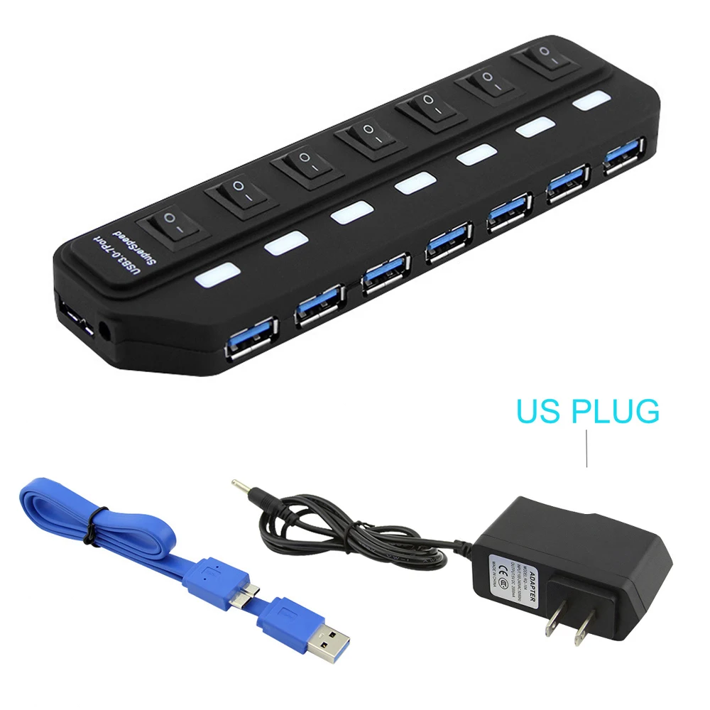 Windyoung USB3.0 концентратор 7 портов с зарядкой питания и переключателем несколько USB адаптер питания светодиодный Переключатель ВКЛ/ВЫКЛ разветвитель для ПК ноутбука