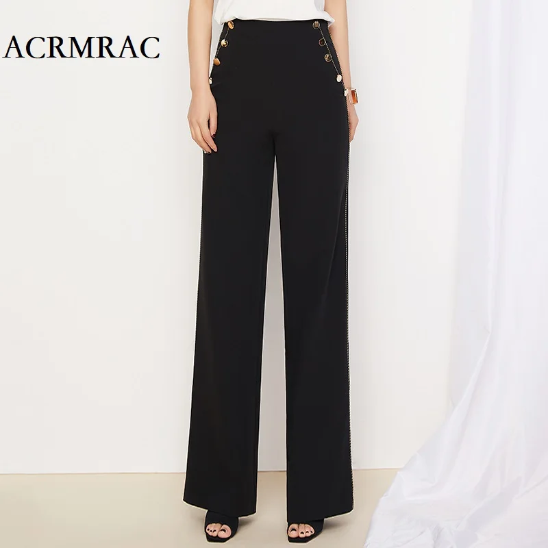 ACRMRAC Women spring Original High waist black Slim zipper Loose Wide leg pants Casual pants