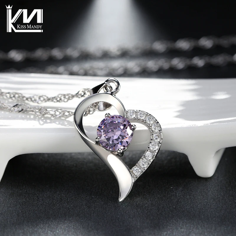 Поцелуй Мэнди Серебряный Романтический Сердце Ожерелье с Фиолетовый Ясно CZ для