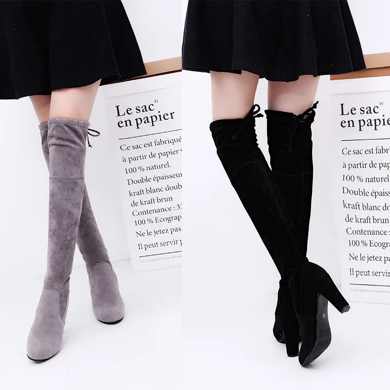 

2019 New Flock Leather Women Over The Knee Boots Lace Up Sexy High Heels Autumn Woman Shoes Winter Women Boots Size 34-43