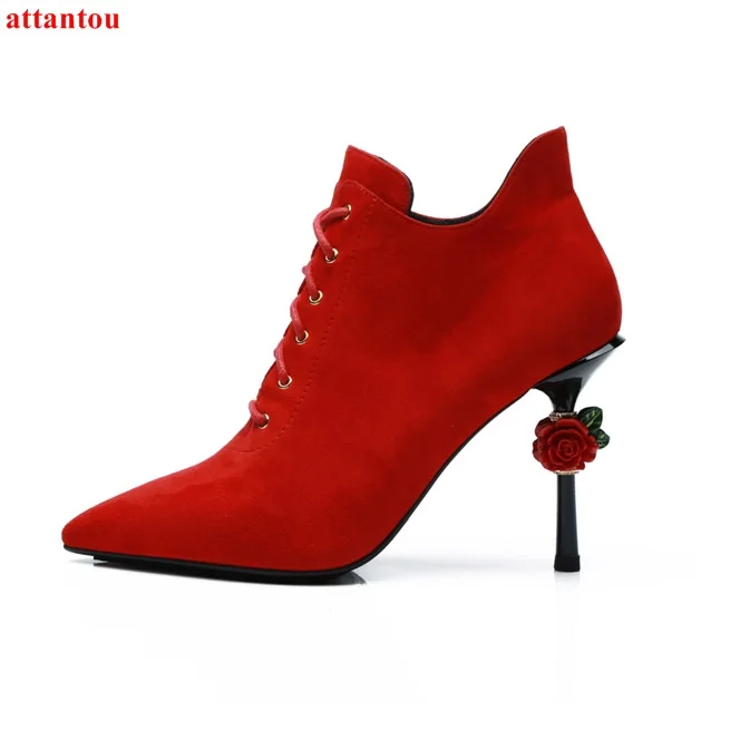 

Red Suede Leather Woman's short Boots Pointed Toe Thin Heel rose decor female shoe Autumn Winter Fashion party dress Shoes