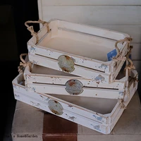 set 3 stack shabby white shallow small wooden storage crates