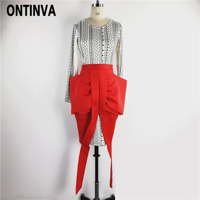 Red Skirt and Dress Женский комплект из 2 предметов, платье с принтом и юбка-карандаш с большим бантом, коллекция года, весенне-летний модный костюм, облегающий костюм с разрезом, красные, синие юбки - Цвет: Red Skirt and Dress