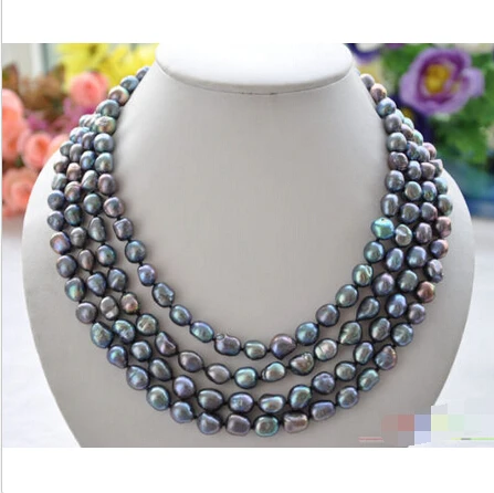 

P4441 4row 20" 9mm NATURE BLACK BAROQUE freshwater pearl necklace ^^^@^Noble style Natural Fine jewe FREE SHIPPING