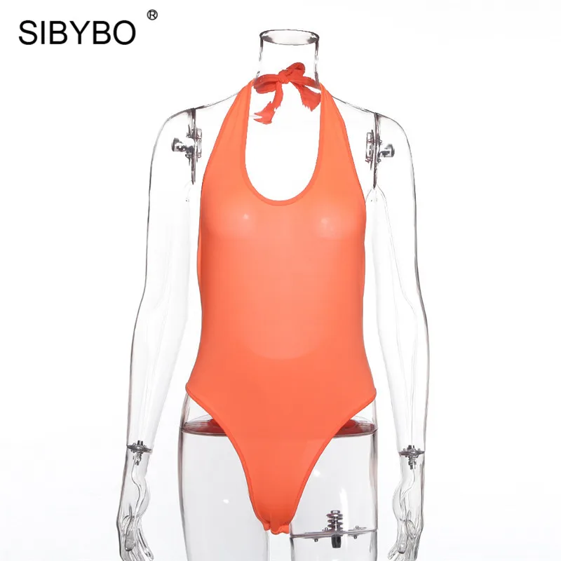 Оранжевый Sibybo, Холтер, открытая спина, летнее Женское боди без рукавов, v-образный вырез, обтягивающий сексуальный комбинезон, женская пляжная одежда, повседневный боди, топы для девушек - Цвет: Оранжевый