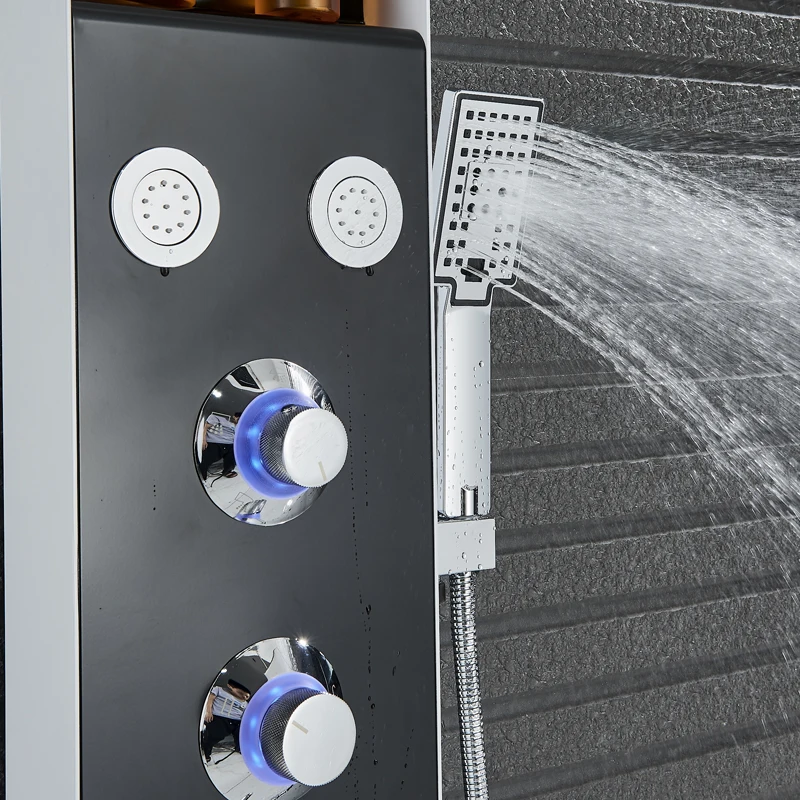 

Waterfall Rain Shower Faucet Blue Light Bath Shower Panel with Storage Shelf SPA Body Massage Jet Shower Mixer Tap Rotate Spout