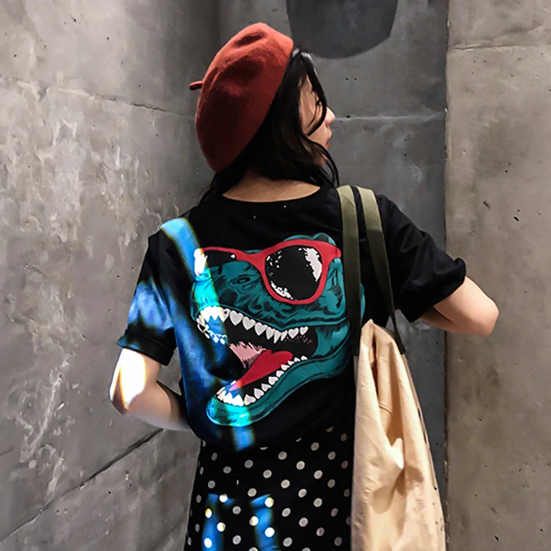 Модные Ins сплошной цвет с коротким рукавом тираннозавр футболка работа печатных