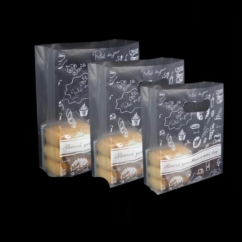 

500pcs/lot Translucent Clear Flat Bottom Plastic Bag Packaging Toast Baking Bread Cake Storage Packing Bags With Handle