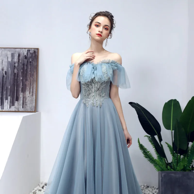 Ssyfashion новинка, вечернее платье, для банкета элегантный фон для фотосъемки с серо-голубой джемпер с аппликацией в виде Бисер длиной до пола официальная Вечеринка платья для женщин халат De