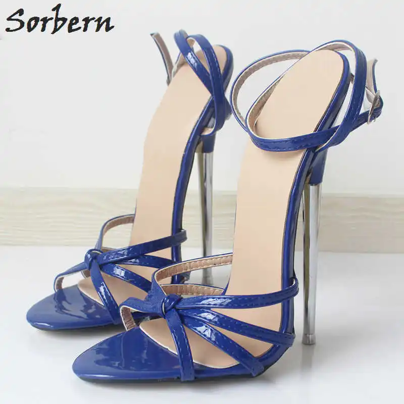 Blue Shiny Sorbern/женские босоножки размера плюс; металлические туфли на высоком каблуке 18 см с пряжкой на ремешке; реальное изображение; женские сандалии унисекс; большие размеры 36-46; цвет на заказ - Цвет: Blue Shiny
