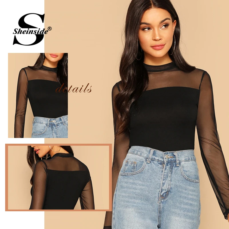 Sheinside, черный топ с контрастной сеткой на плечах для женщин, весна, Элегантная футболка с имитацией шеи, Женская однотонная Базовая эластичная футболка