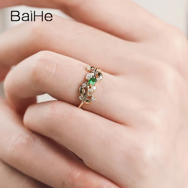 BAIHE Твердые 14 К желтого золота(AU585) 0.12ct натуральная натуральный цаворит и Алмазы обручальные для женщин ювелирные украшения подарок кольцо