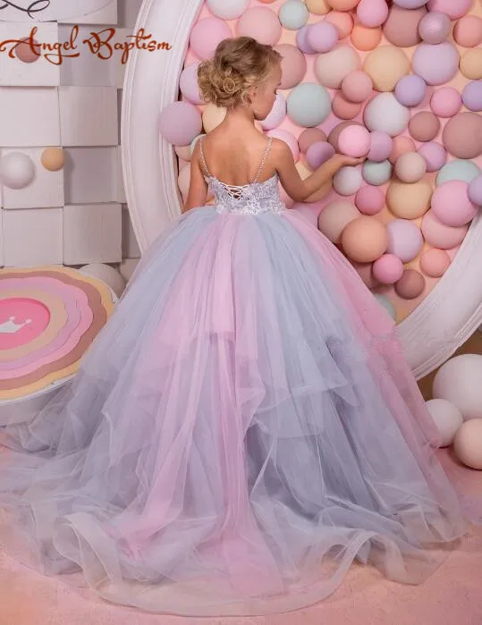 Sexy backless purple and pink laces tulle fairy dresses flower girl dress spaghetti kid pageant party gown with detachable train | Детская
