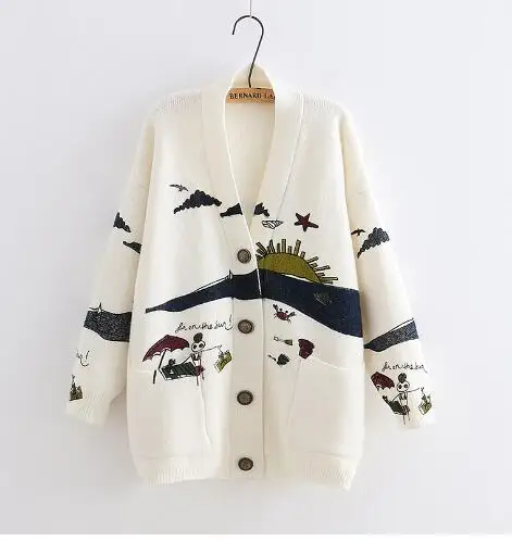Liva girl Spring Woman Sweater Knitting 2019 New Japanese Mori Girl V-neck Jacquard Cardigan Winter |