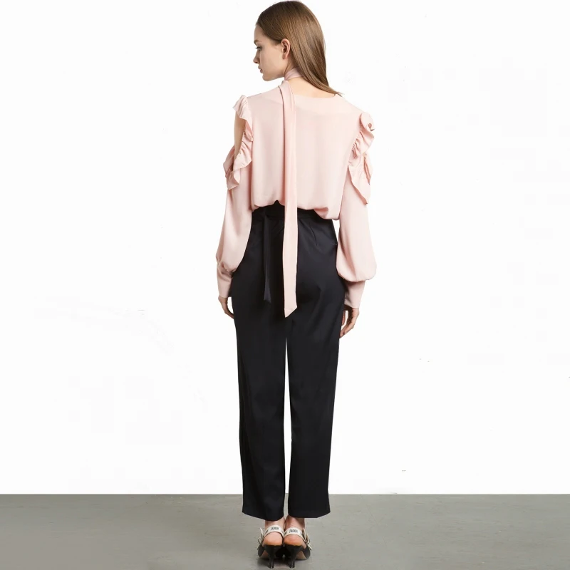 HDY Haoduoyi Для женщин Сладкий рюшами жабо Cold Shoulder Top Chocker круглым вырезом Шифоновая