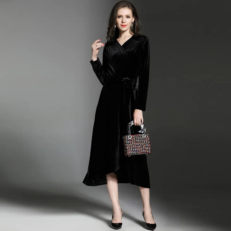 autumn Big Pendulum Purple Velvet Dresses Woman Dress 2018 Lotus Leaf Long Sleeve Ladies Kleider Damen N3238 | Женская одежда