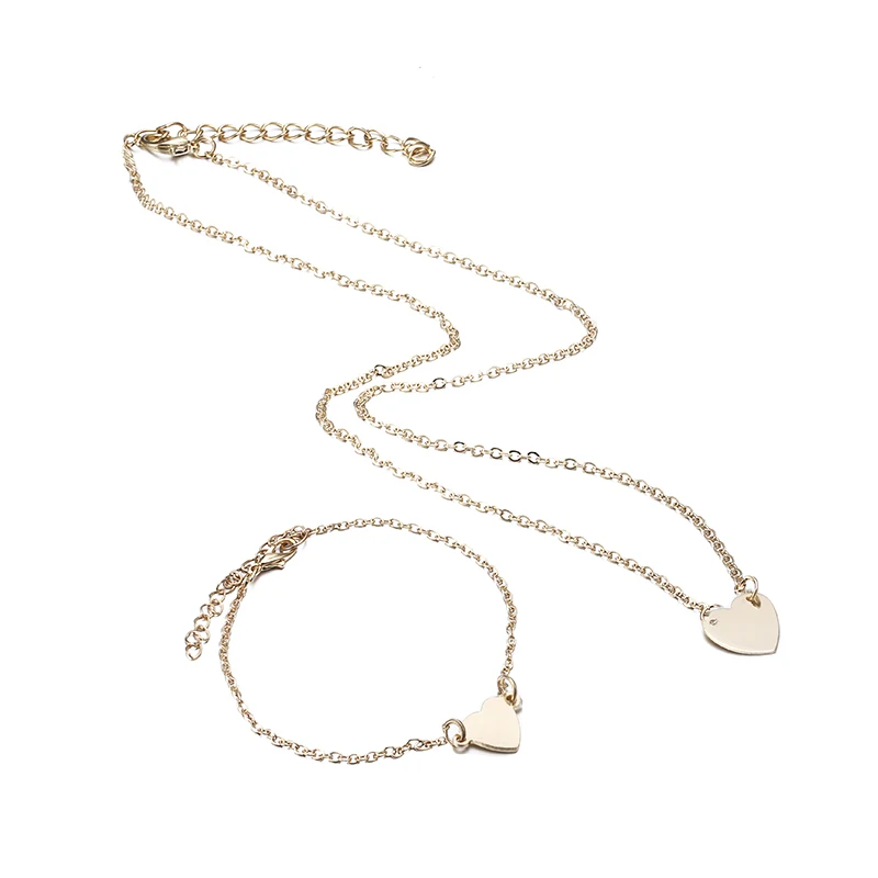 X179 Trendy Simple Dubai Jewelry Sets For Women Heart Shaped Gold/Silver Color Chain Necklace&ampBracelet 2pcs Set Female | Украшения и