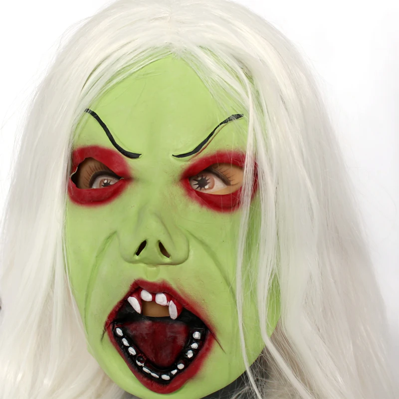 Белая колдунья зеленая латексная маска ужаса Хэллоуин скелет лицо рукав платье