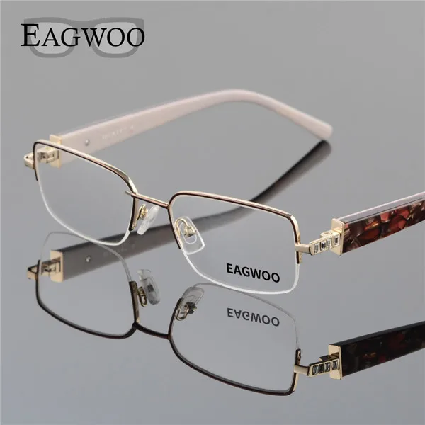 EAGWOO, женские элегантные очки с кристаллами, полуоправа, оптическая оправа, новинка, очки по рецепту, простые очки для глаз, весенние дужки D8061 - Цвет оправы: Brown