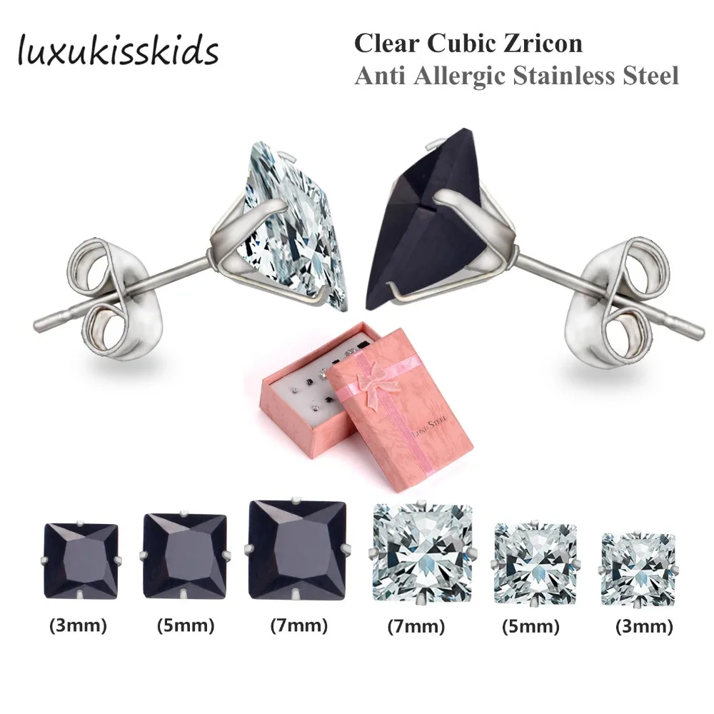 LUXUKISSKIDS модные украшения 3/5/7 мм 6 пар/лот циркона квадратной формы украшенные