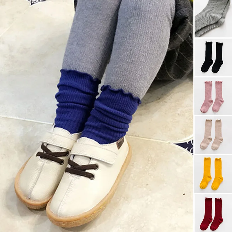 Милые хлопковые однотонные теплые высокие носки до колена для маленьких девочек