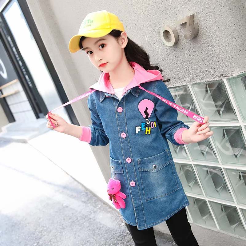 Girls Blue Jeans Jackets 2018 New Autumn Children Long Clothes Girl Kids Outerwear Coats Denim Sleeve Cartoon Jacket Hooded | Детская