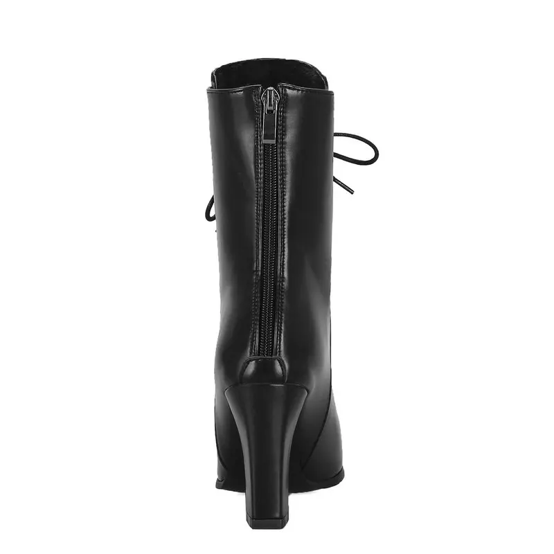 Женские ботильоны на высоком квадратном каблуке шнуровке молнии с острым носком