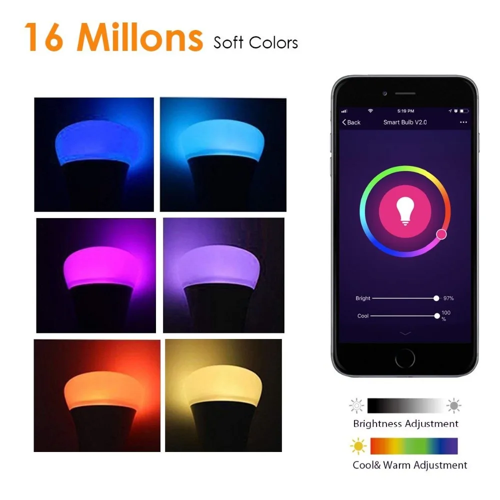 Умная лампа E27 WiFi лампочка эдисона совместима с Google Home & Alexa RGB Изменение цвета
